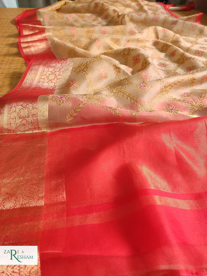 Pure Organza Silk Saree with Banarasi Style Chowkri Chikankari Embroidery Work - Red