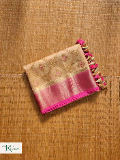 Pure Organza Silk Saree with Banarasi Style Chowkri Chikankari Embroidery Work - Pink