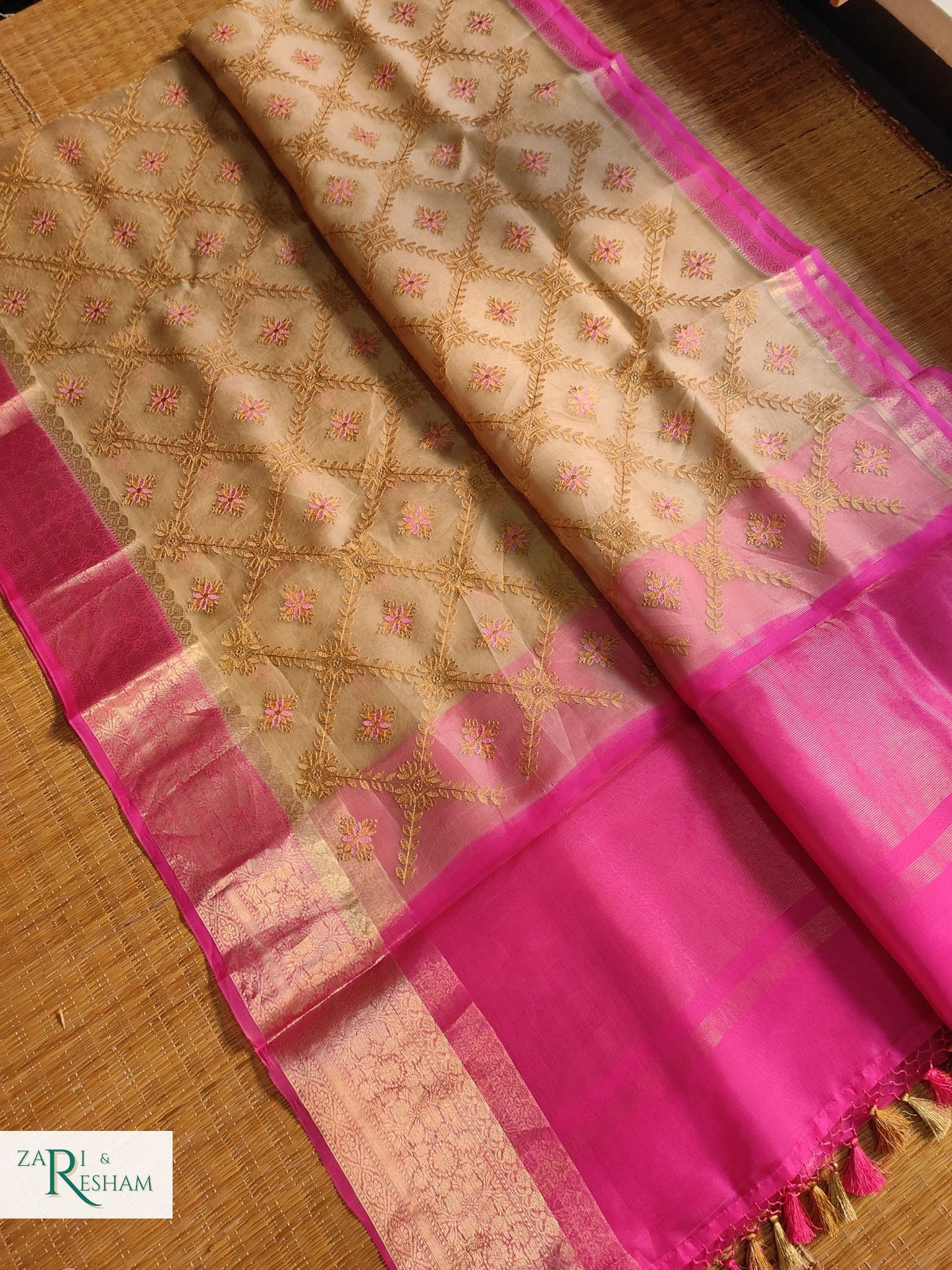 Pure Organza Silk Saree with Banarasi Style Chowkri Chikankari Embroidery Work - Pink