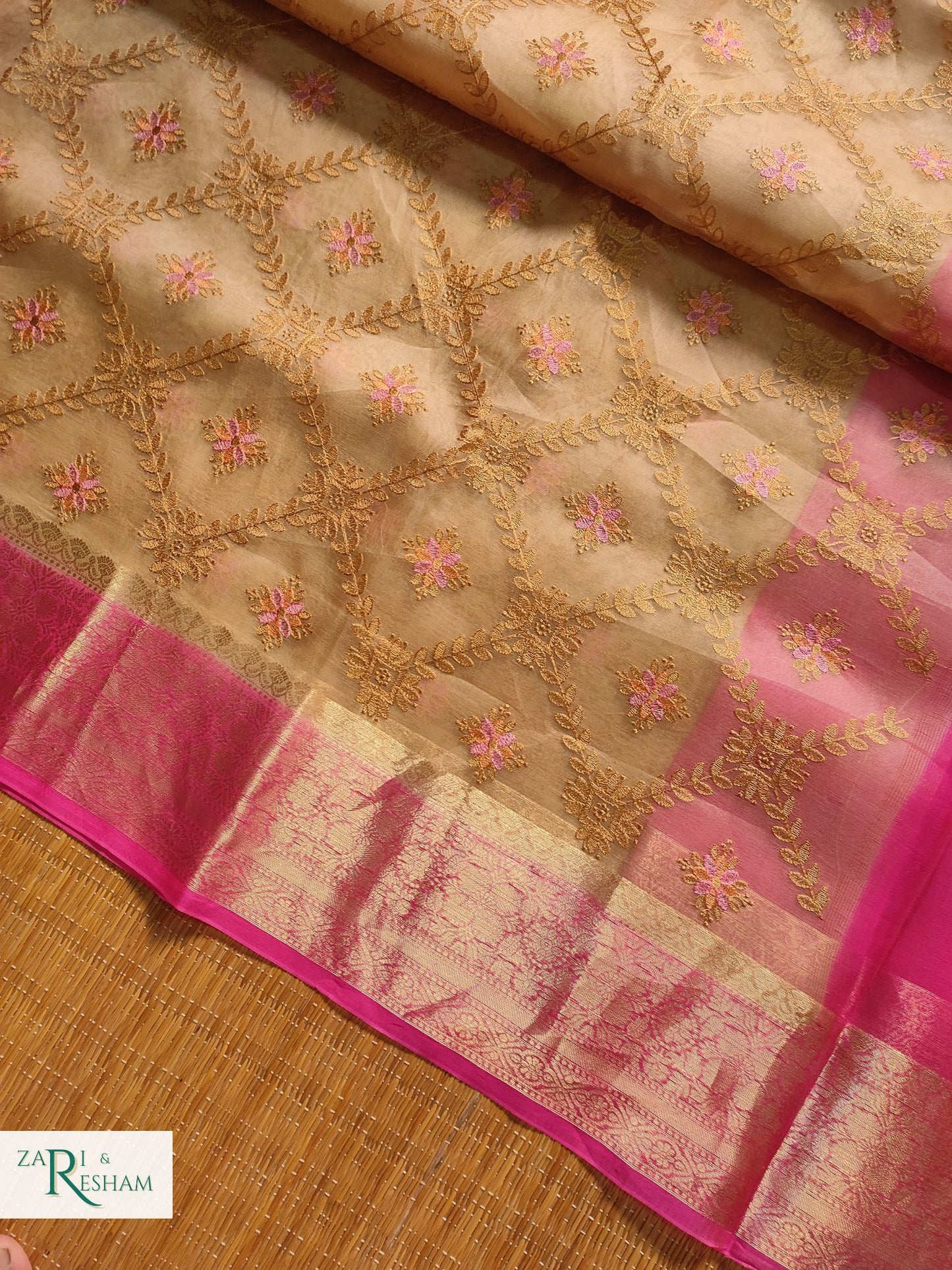 Pure Organza Silk Saree with Banarasi Style Chowkri Chikankari Embroidery Work - Pink