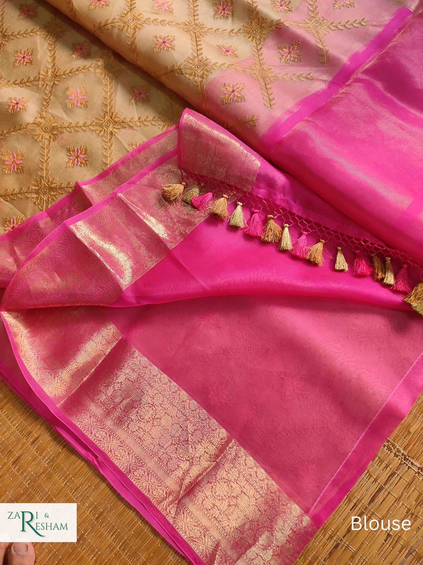 Pure Organza Silk Saree with Banarasi Style Chowkri Chikankari Embroidery Work - Pink