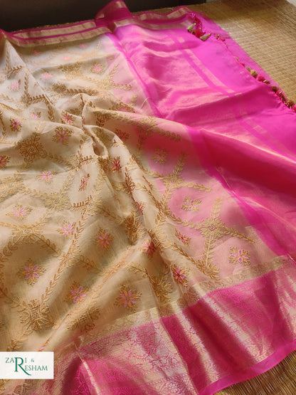 Pure Organza Silk Saree with Banarasi Style Chowkri Chikankari Embroidery Work - Pink