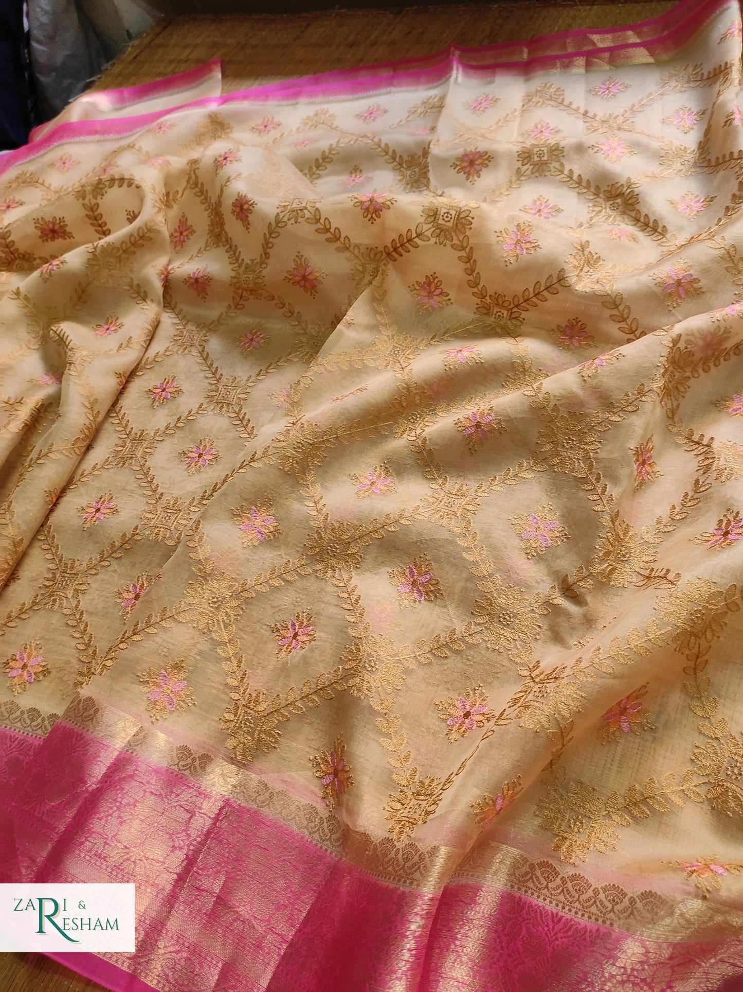 Pure Organza Silk Saree with Banarasi Style Chowkri Chikankari Embroidery Work - Pink