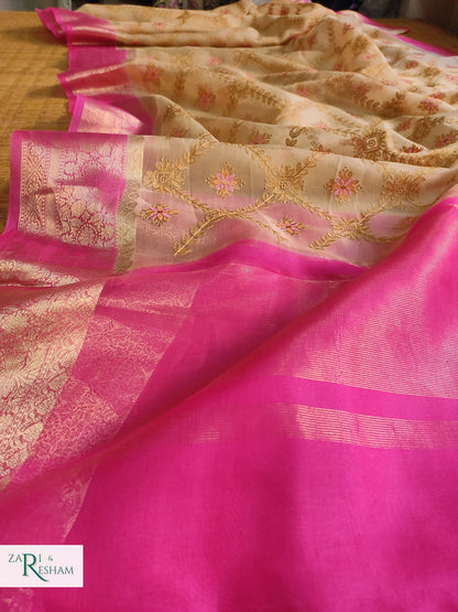 Pure Organza Silk Saree with Banarasi Style Chowkri Chikankari Embroidery Work - Pink