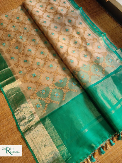 Pure Organza Silk Saree with Banarasi Style Chowkri Chikankari Embroidery Work - Sea Green