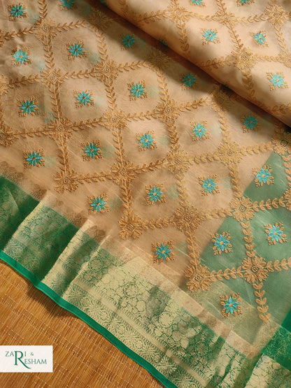 Pure Organza Silk Saree with Banarasi Style Chowkri Chikankari Embroidery Work - Sea Green