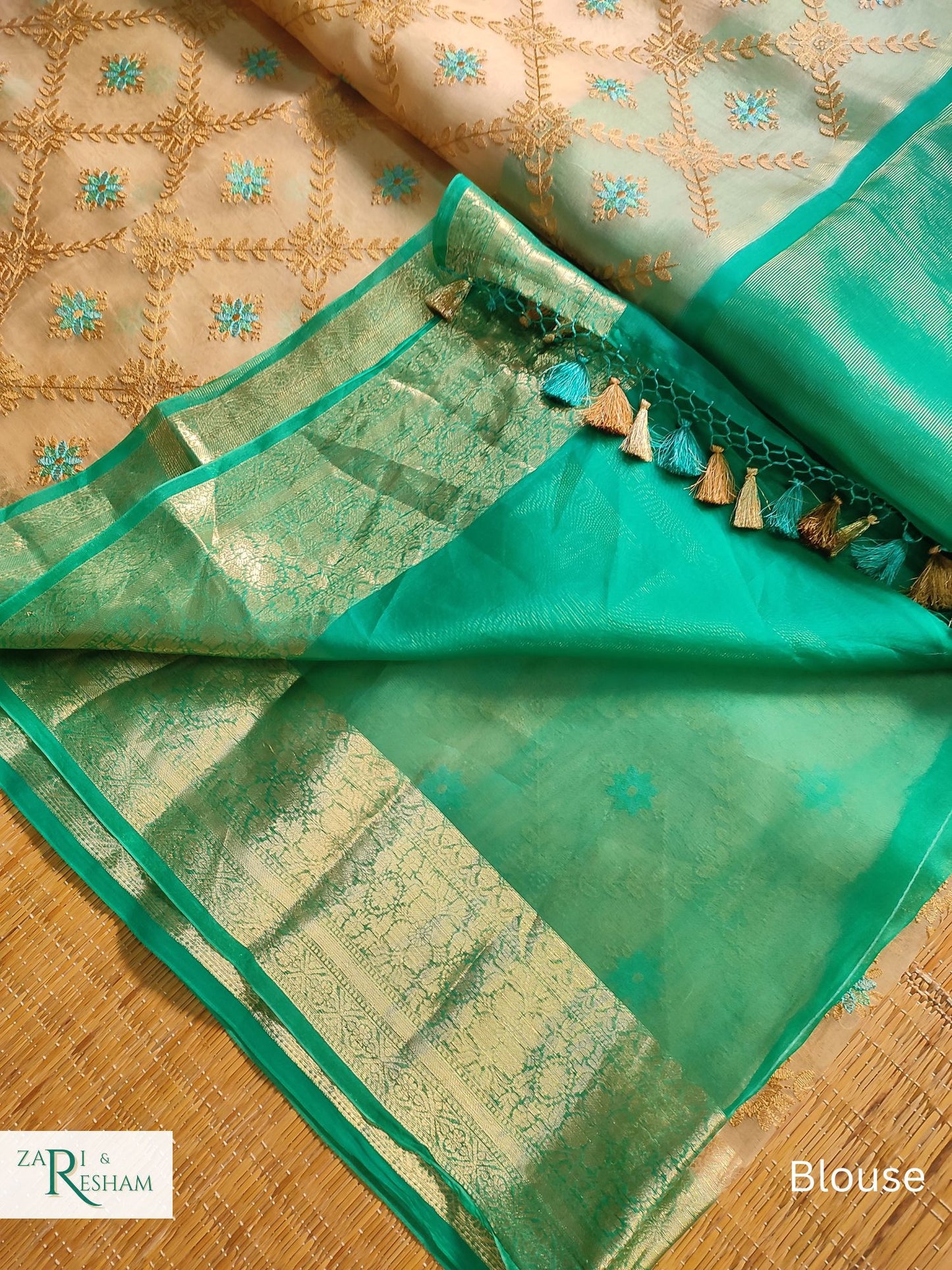 Pure Organza Silk Saree with Banarasi Style Chowkri Chikankari Embroidery Work - Sea Green