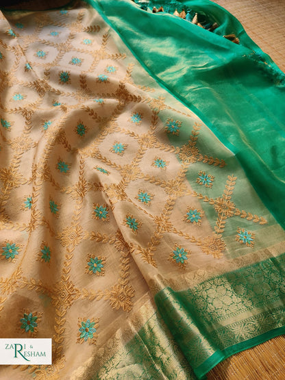 Pure Organza Silk Saree with Banarasi Style Chowkri Chikankari Embroidery Work - Sea Green