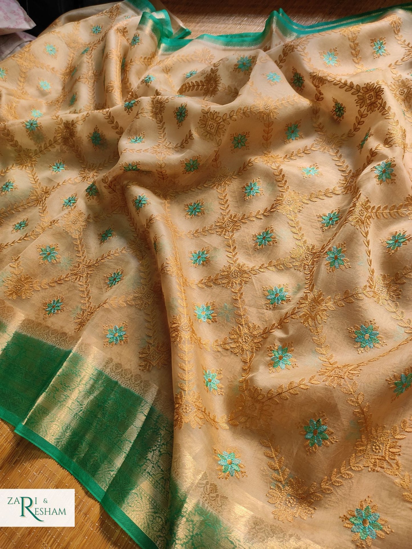 Pure Organza Silk Saree with Banarasi Style Chowkri Chikankari Embroidery Work - Sea Green