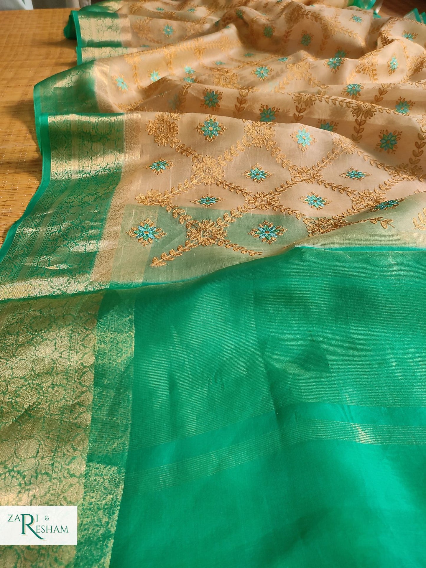 Pure Organza Silk Saree with Banarasi Style Chowkri Chikankari Embroidery Work - Sea Green