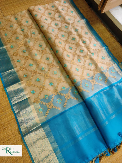 Pure Organza Silk Saree with Banarasi Style Chowkri Chikankari Embroidery Work - Blue