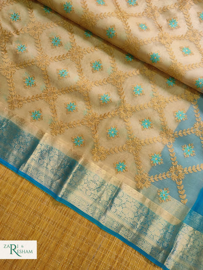 Pure Organza Silk Saree with Banarasi Style Chowkri Chikankari Embroidery Work - Blue