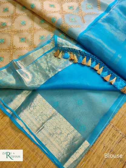 Pure Organza Silk Saree with Banarasi Style Chowkri Chikankari Embroidery Work - Blue