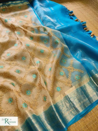 Pure Organza Silk Saree with Banarasi Style Chowkri Chikankari Embroidery Work - Blue