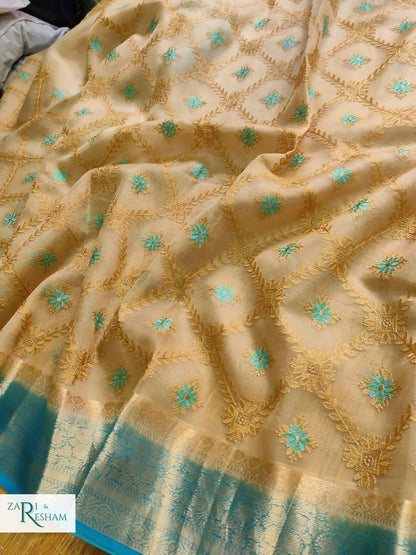 Pure Organza Silk Saree with Banarasi Style Chowkri Chikankari Embroidery Work - Blue