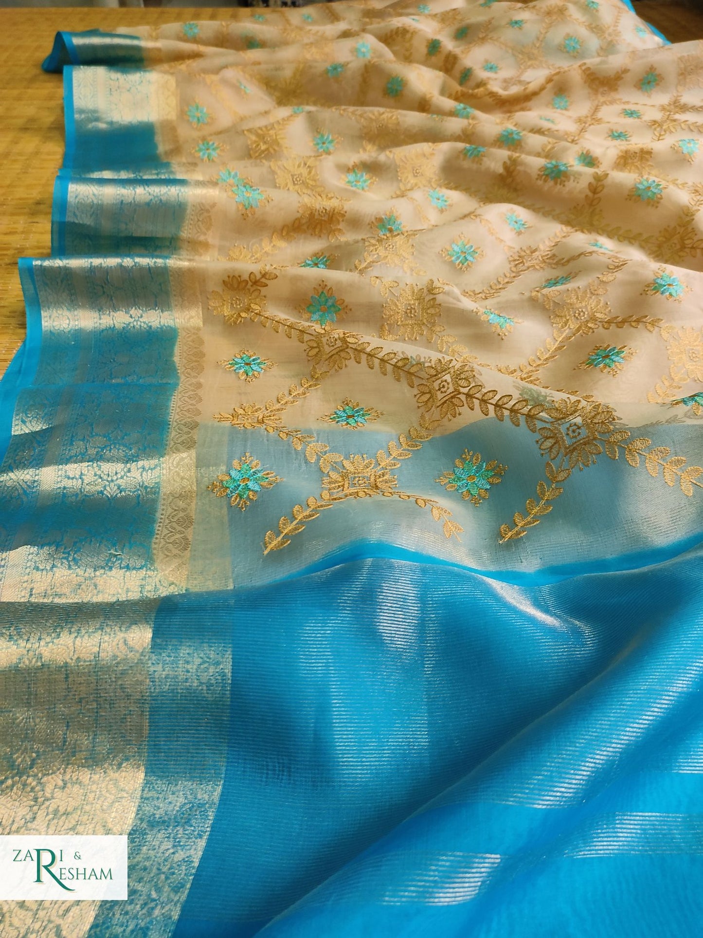 Pure Organza Silk Saree with Banarasi Style Chowkri Chikankari Embroidery Work - Blue