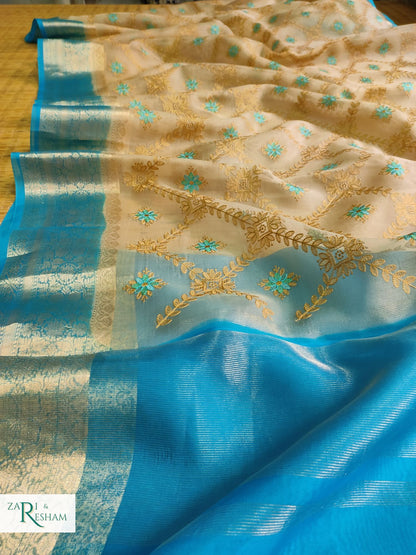 Pure Organza Silk Saree with Banarasi Style Chowkri Chikankari Embroidery Work - Blue