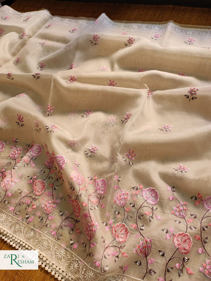 Pure Organza Silk Saree with Floral Style Embroidery Work - Pink