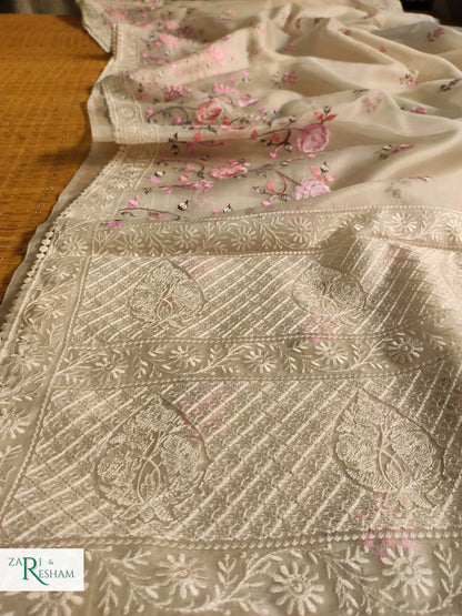 Pure Organza Silk Saree with Floral Style Embroidery Work - Pink