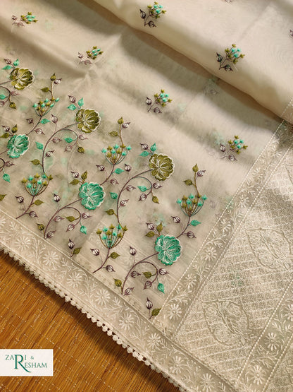 Pure Organza Silk Saree with Floral Style Embroidery Work - Green