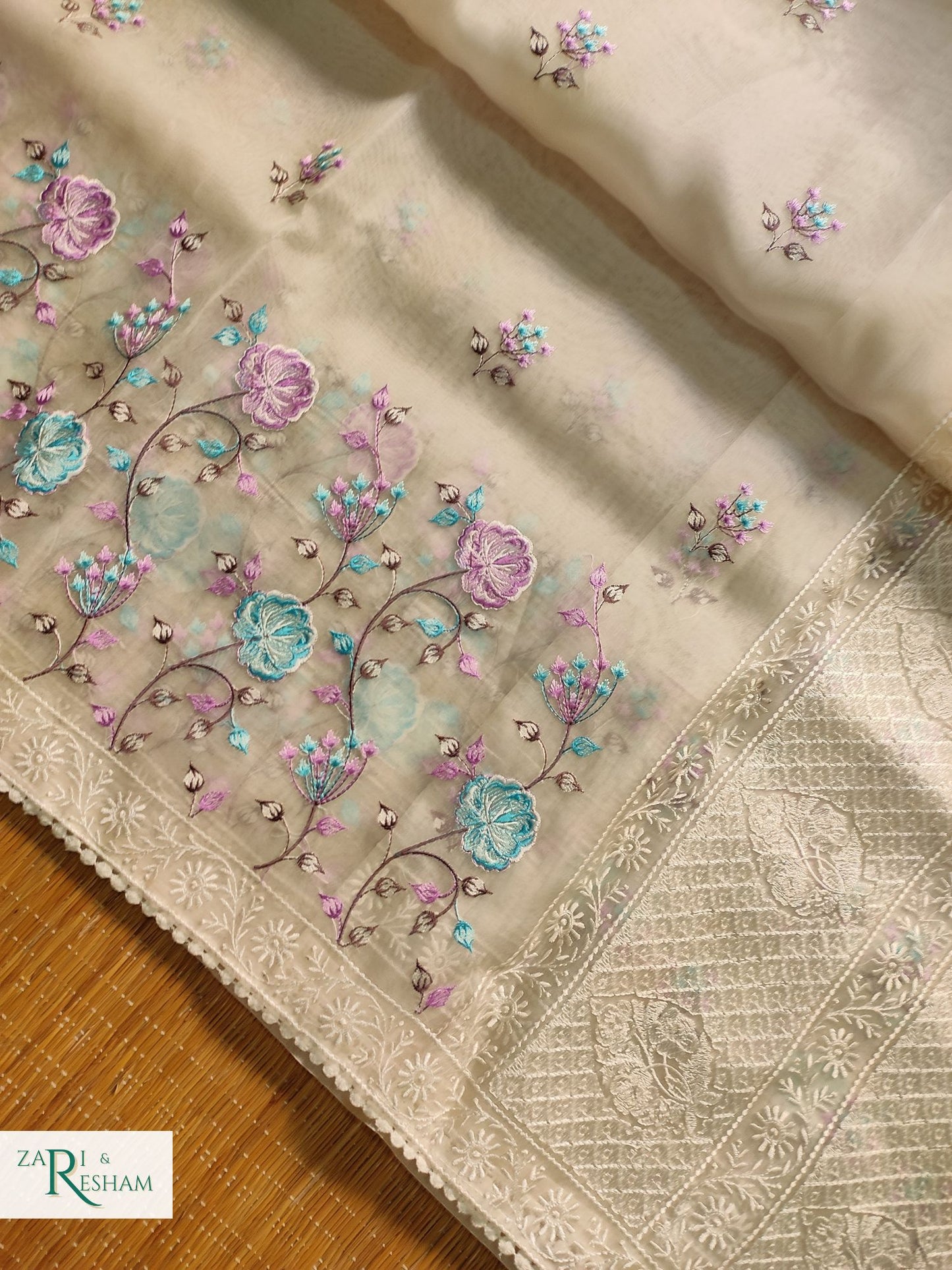 Pure Organza Silk Saree with Floral Style Embroidery Work - Blue