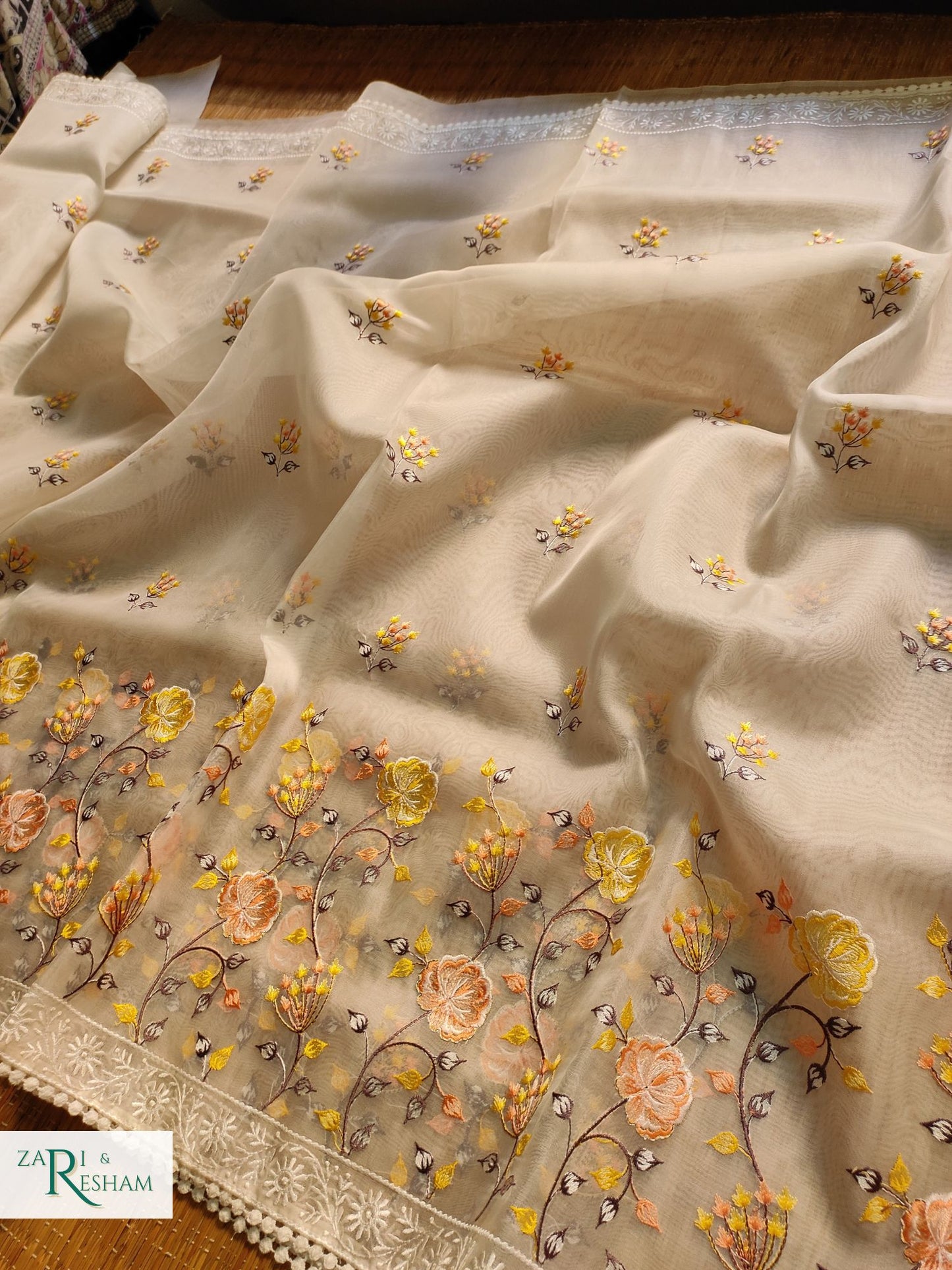 Pure Organza Silk Saree with Floral Style Embroidery Work - Yellow