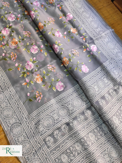 Pure Organza Silk Saree with Heavy Chikankari Floral Jaal Embroidery Work - Grey