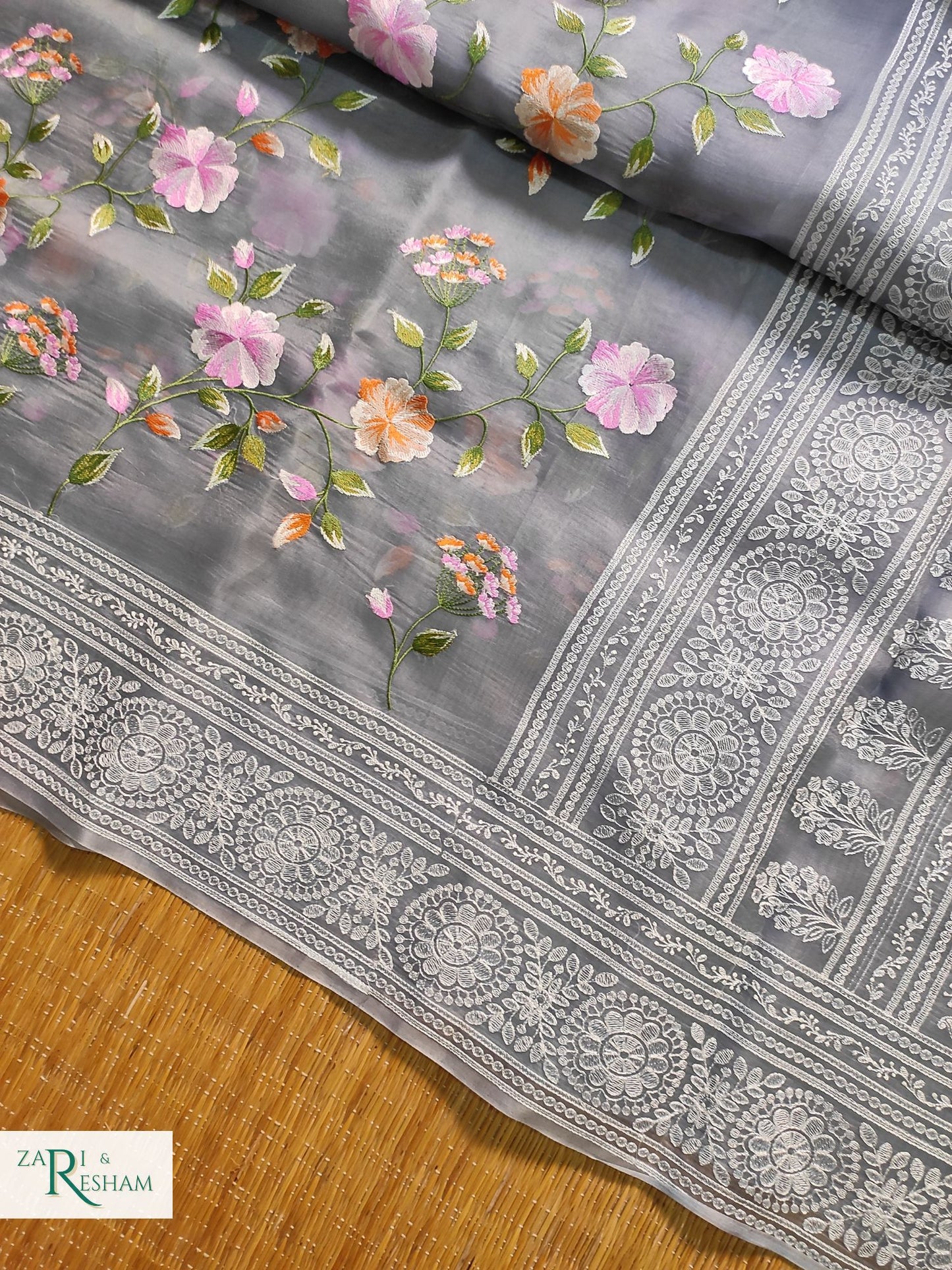 Pure Organza Silk Saree with Heavy Chikankari Floral Jaal Embroidery Work - Grey