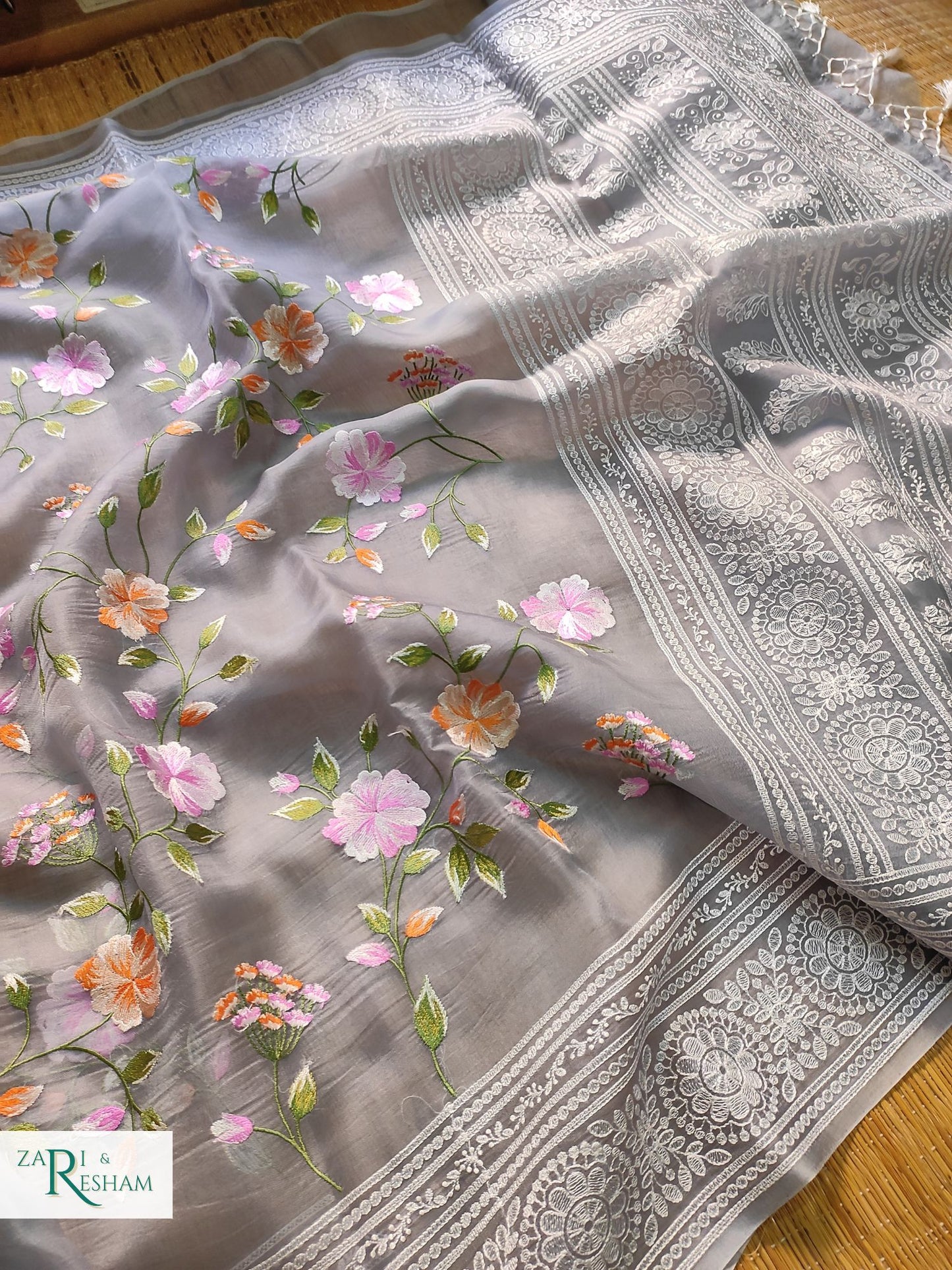 Pure Organza Silk Saree with Heavy Chikankari Floral Jaal Embroidery Work - Grey