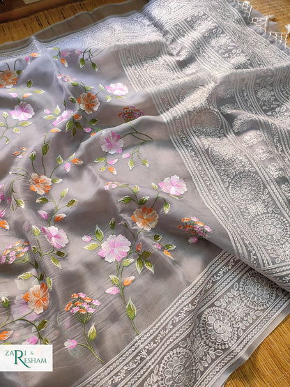 Pure Organza Silk Saree with Heavy Chikankari Floral Jaal Embroidery Work - Grey