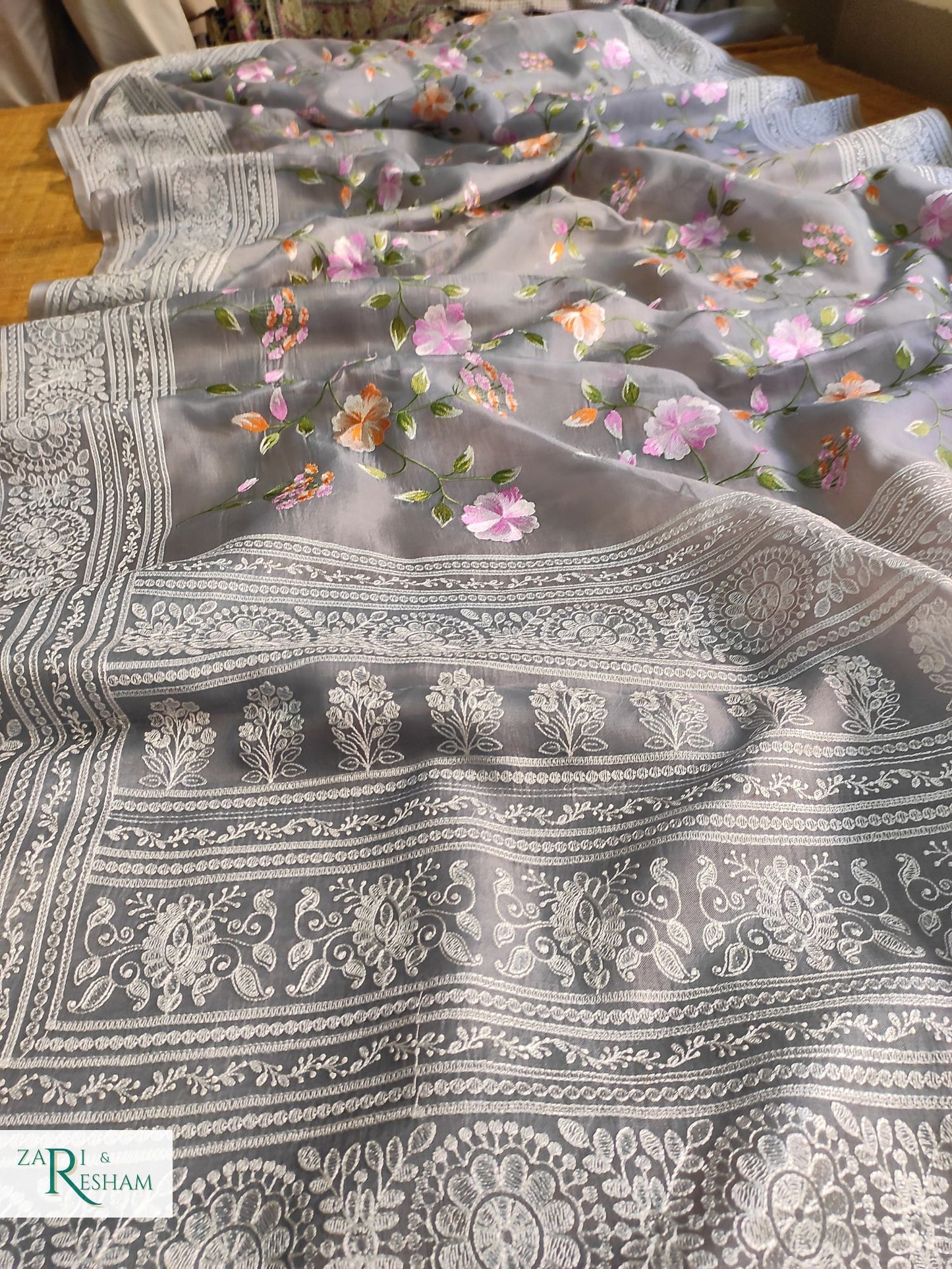 Pure Organza Silk Saree with Heavy Chikankari Floral Jaal Embroidery Work - Grey