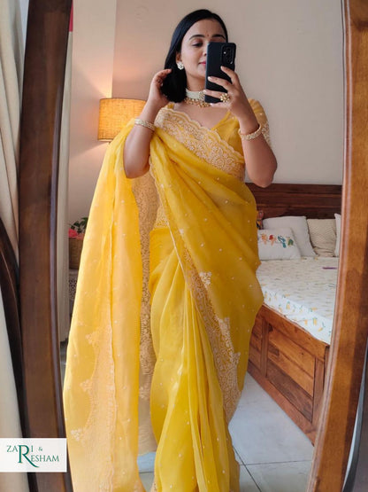 Pure Organza Silk Saree with Beautiful Pearl Style Embroidery Work with Scalloped Edges - Gold Yellow