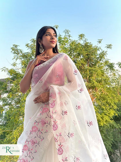 Pure Organza Silk Saree with Floral Style Embroidery Work - Pink