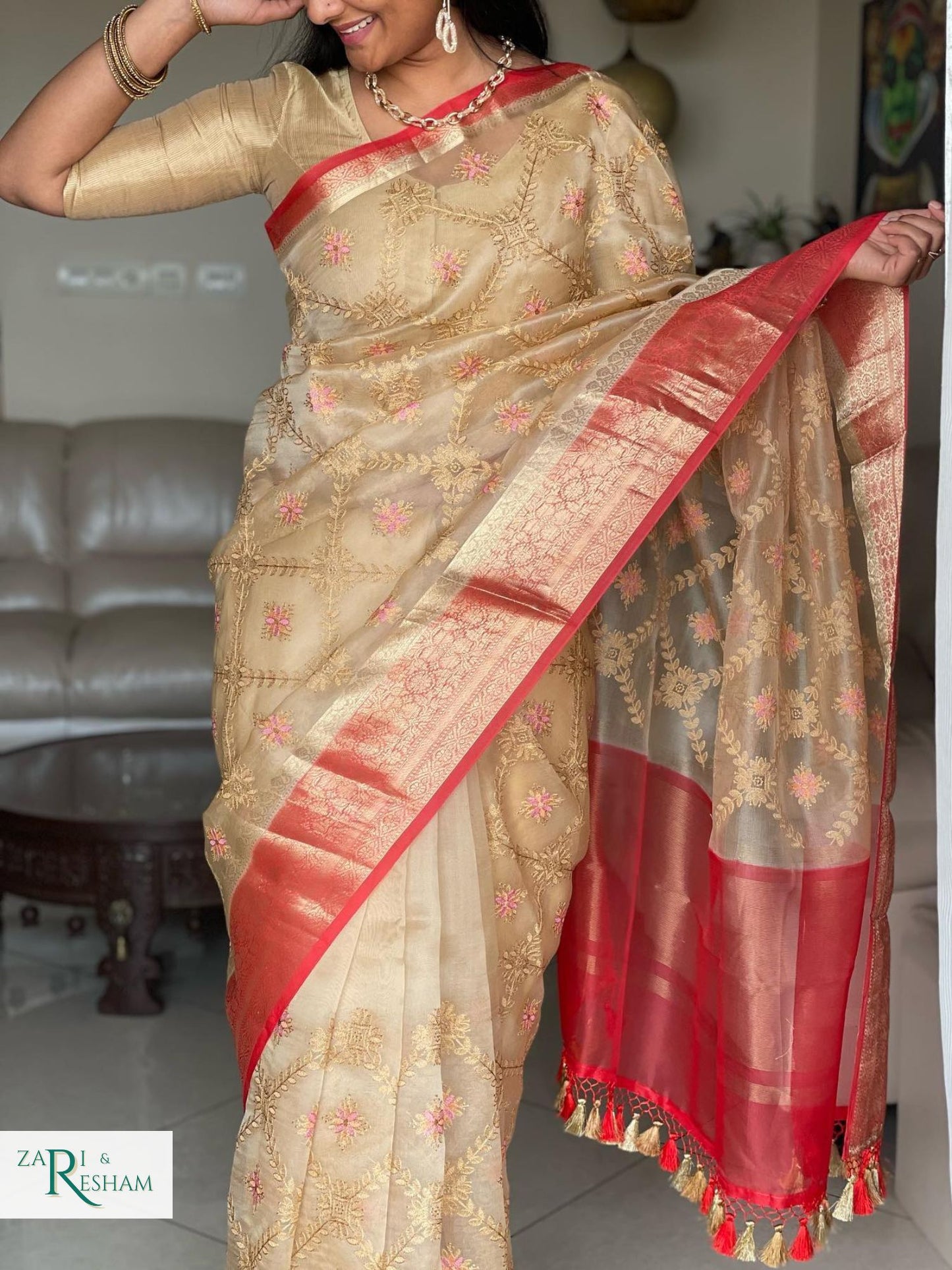 Pure Organza Silk Saree with Banarasi Style Chowkri Chikankari Embroidery Work - Red