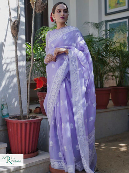 Pure Organza Silk Saree with Beautiful Chikankari Embroidery Work - Mouve