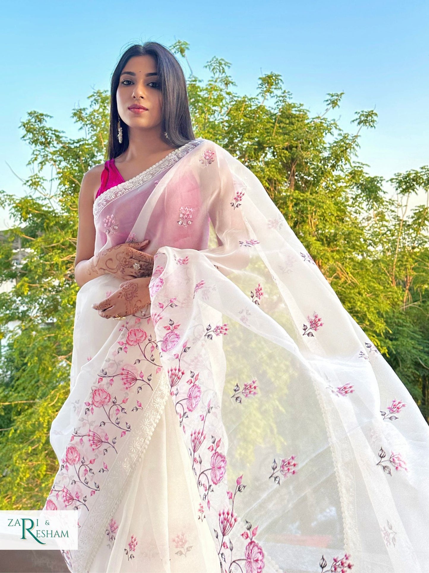 Pure Organza Silk Saree with Floral Style Embroidery Work - Pink