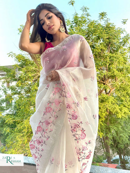 Pure Organza Silk Saree with Floral Style Embroidery Work - Pink