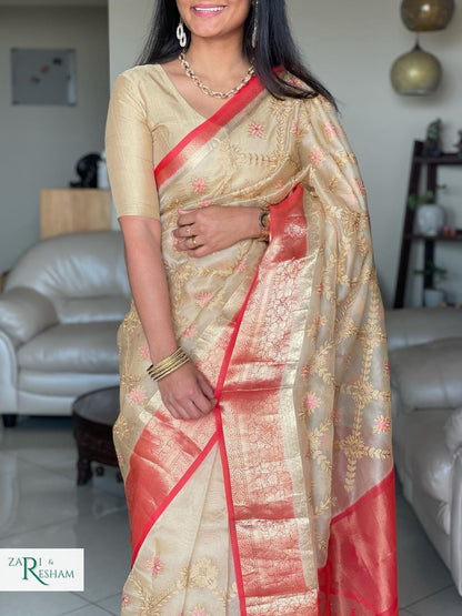 Pure Organza Silk Saree with Banarasi Style Chowkri Chikankari Embroidery Work - Red