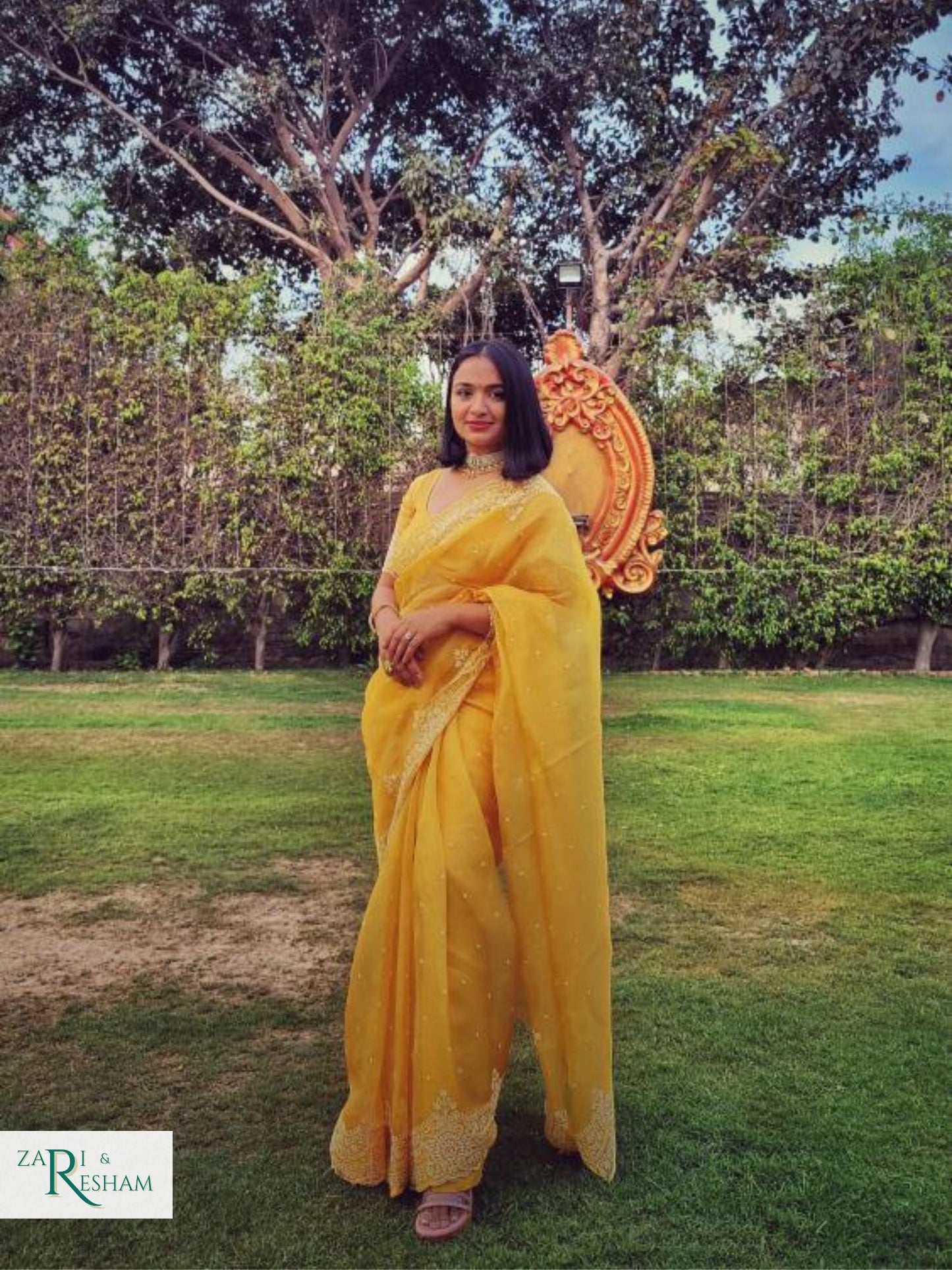 Pure Organza Silk Saree with Beautiful Pearl Style Embroidery Work with Scalloped Edges - Gold Yellow