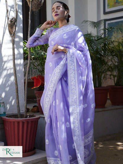 Pure Organza Silk Saree with Beautiful Chikankari Embroidery Work - Mouve