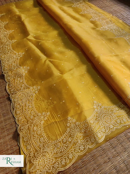 Pure Organza Silk Saree with Beautiful Pearl Style Embroidery Work with Scalloped Edges - Gold Yellow