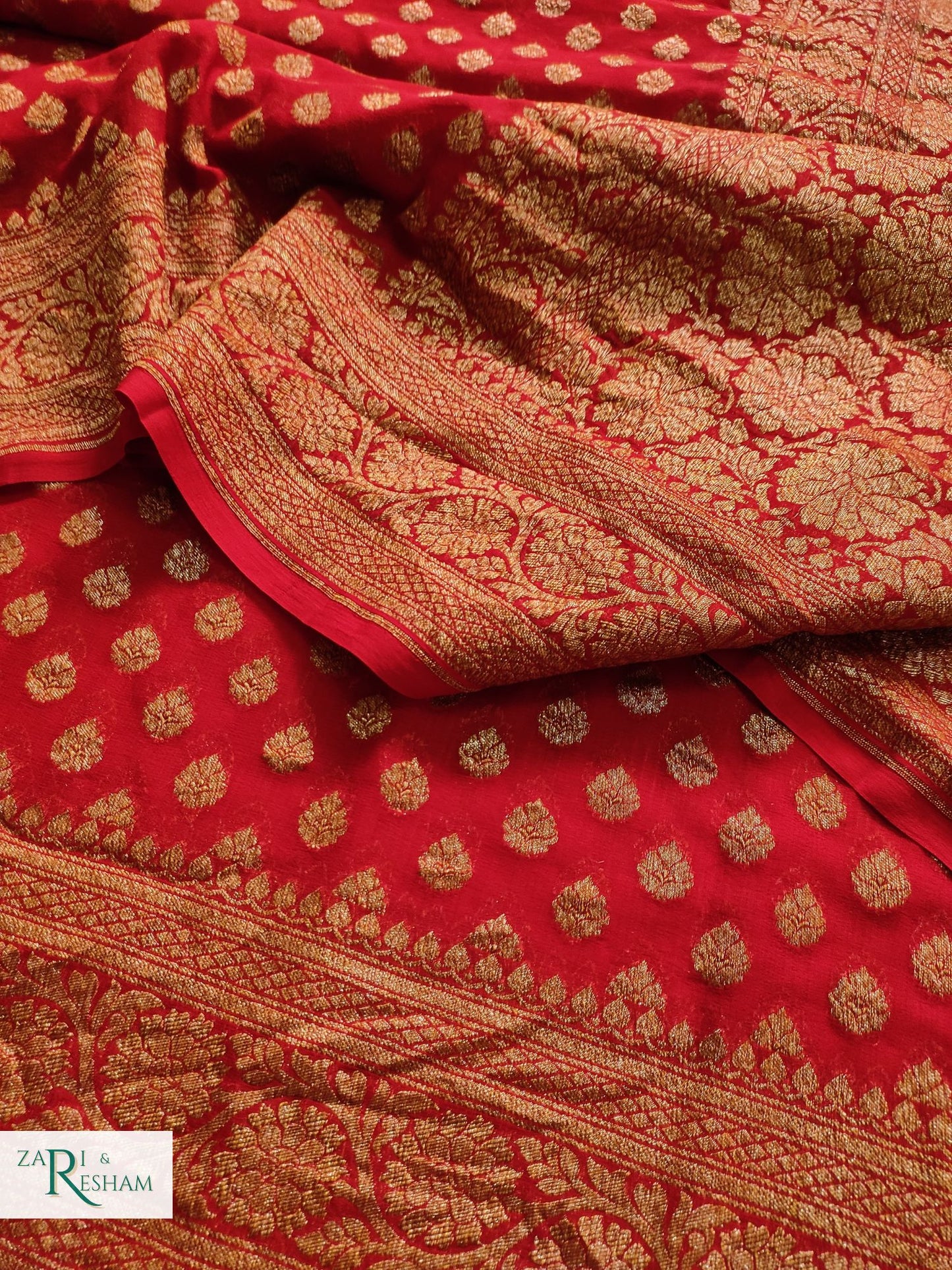 Pure Banarasi Khaddi Shiffon Saree Antique Zari - Red