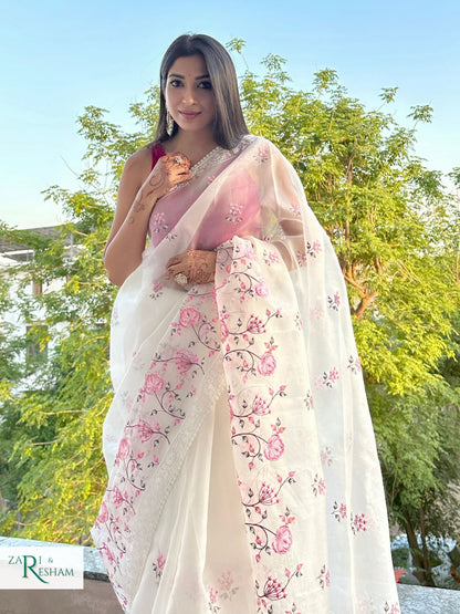 Pure Organza Silk Saree with Floral Style Embroidery Work - Pink