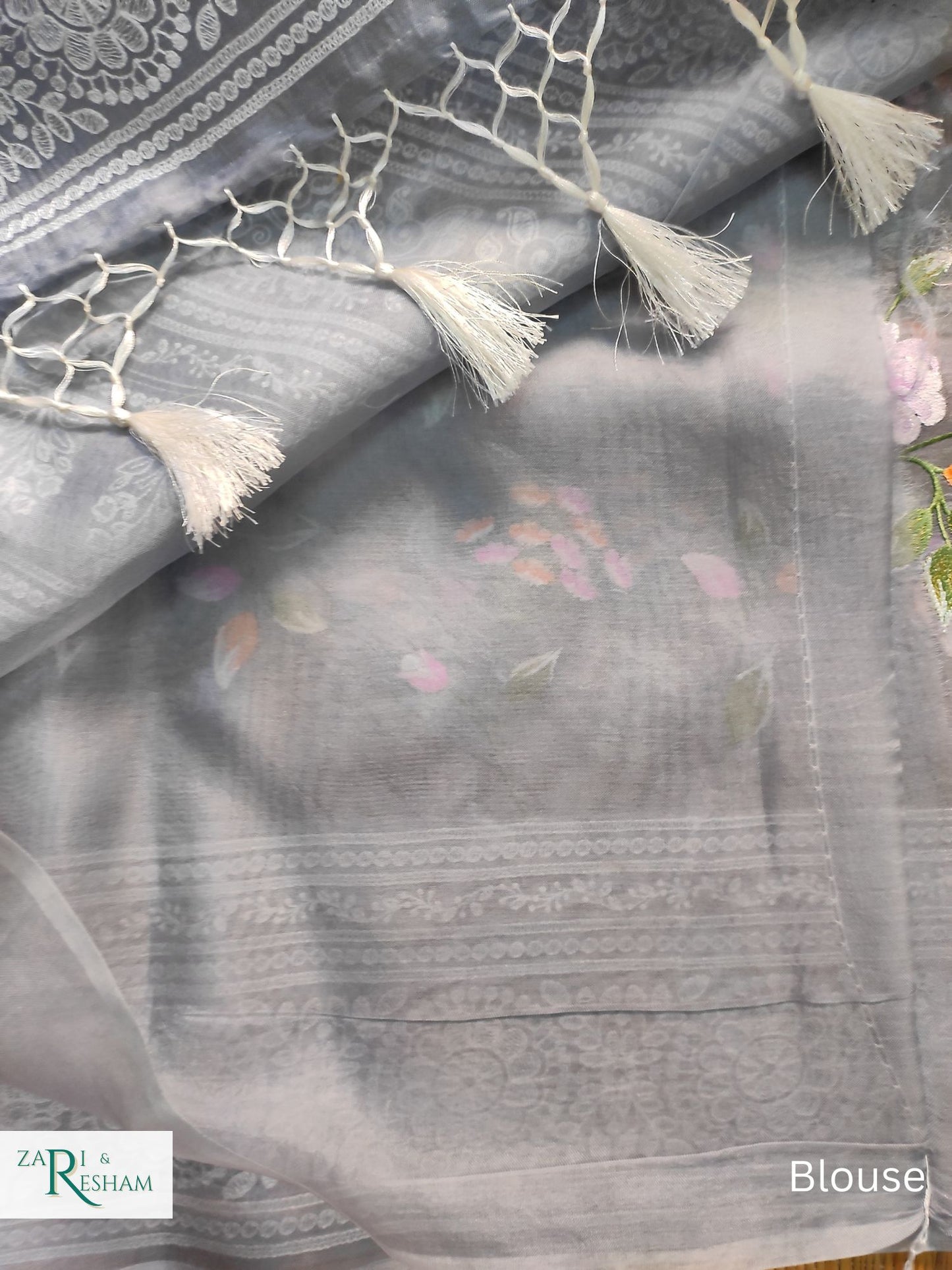 Pure Organza Silk Saree with Heavy Chikankari Floral Jaal Embroidery Work - Grey