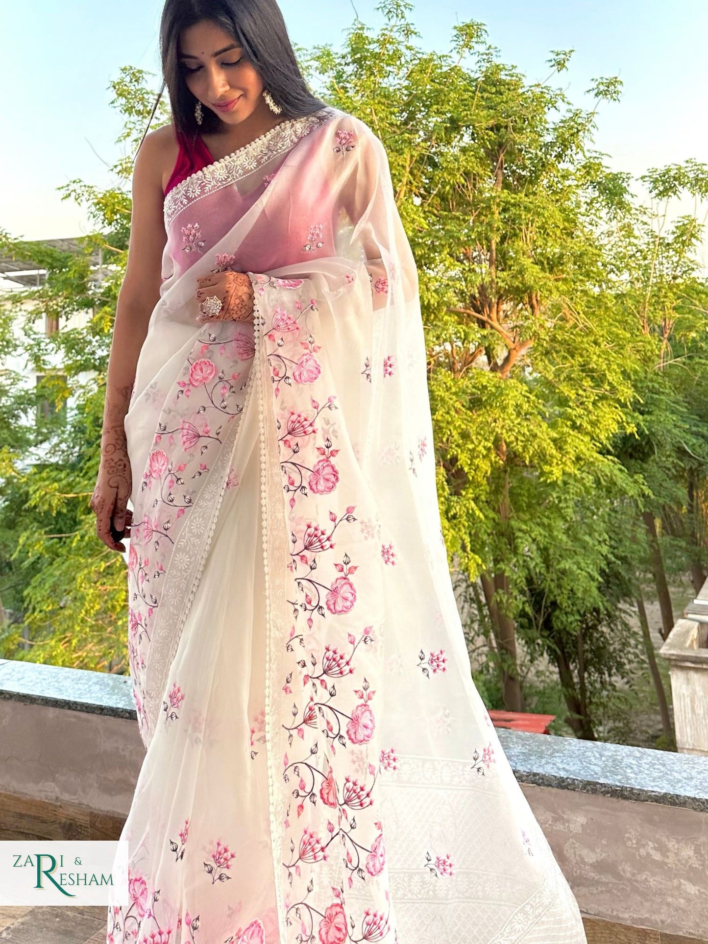 Pure Organza Silk Saree with Floral Style Embroidery Work - Pink