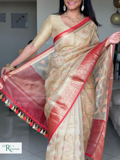 Pure Organza Silk Saree with Banarasi Style Chowkri Chikankari Embroidery Work - Red