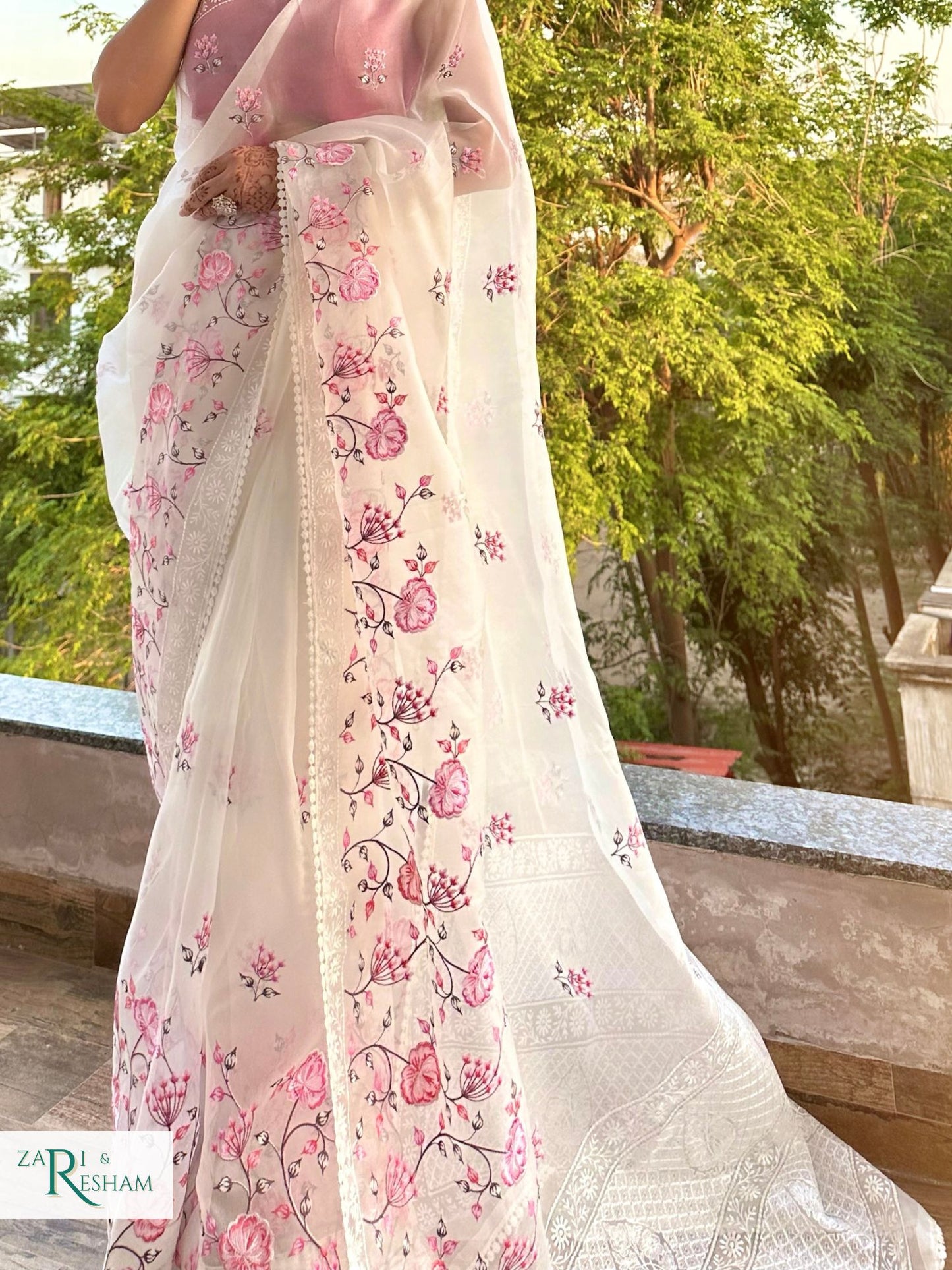 Pure Organza Silk Saree with Floral Style Embroidery Work - Pink