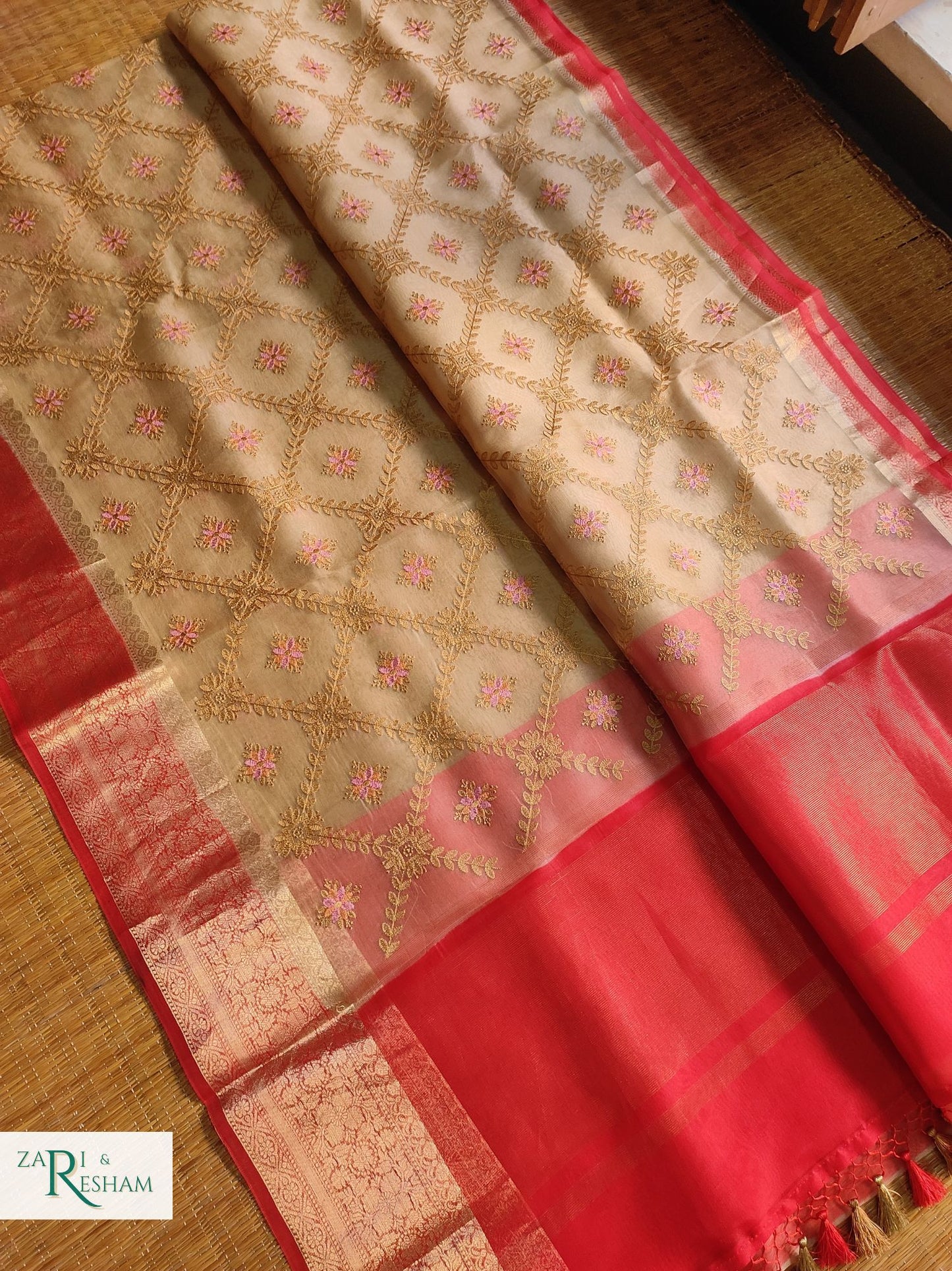 Pure Organza Silk Saree with Banarasi Style Chowkri Chikankari Embroidery Work - Red