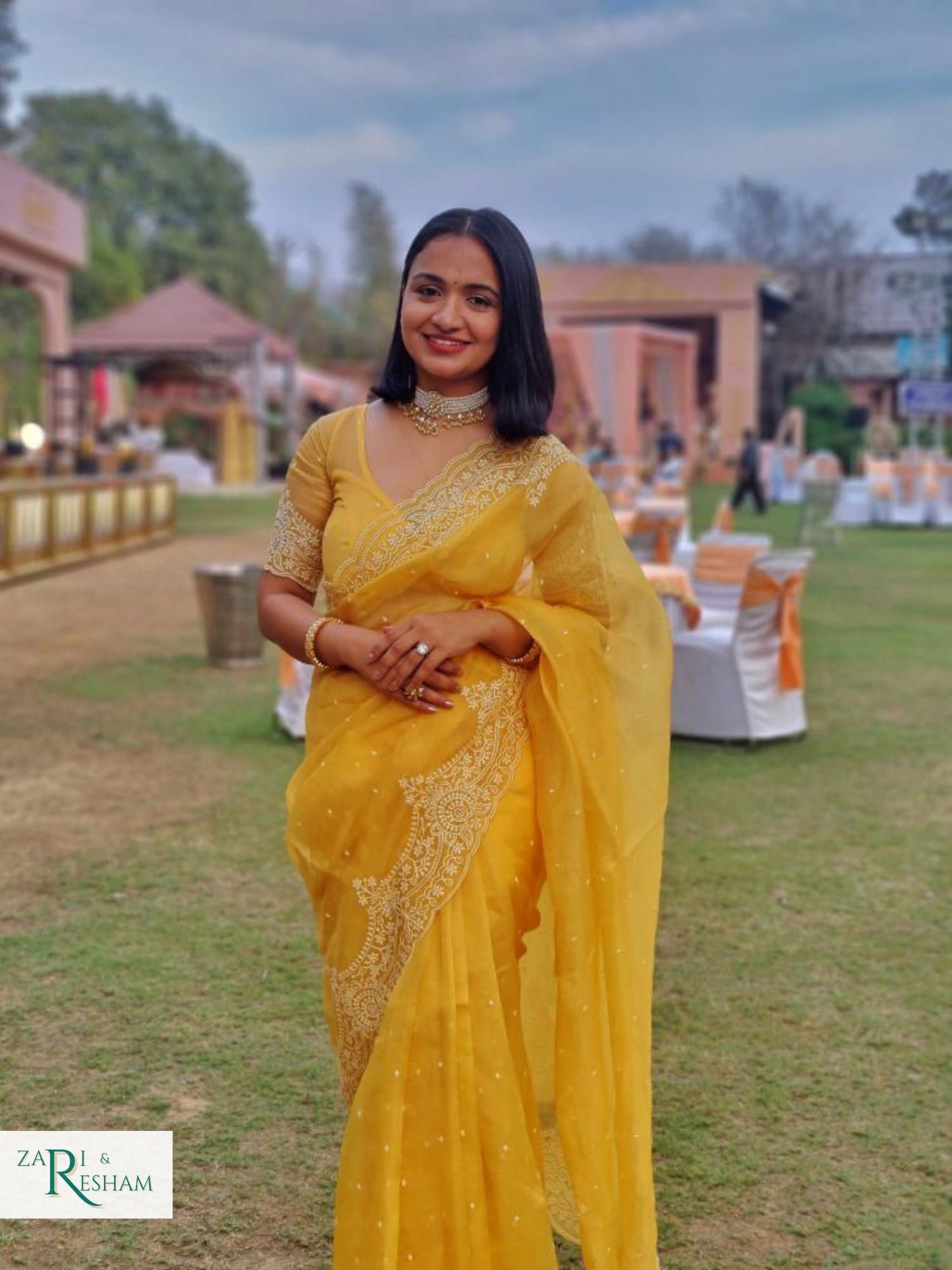 Pure Organza Silk Saree with Beautiful Pearl Style Embroidery Work with Scalloped Edges - Gold Yellow